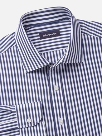 Easy-iron navy blue striped poplin shirt
